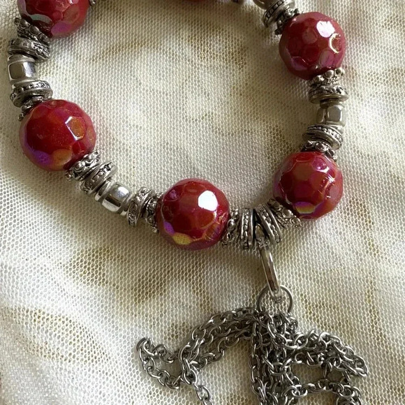 Pink and Metallic Beads Charm Stretch Bracelet - Picture 3 of 6